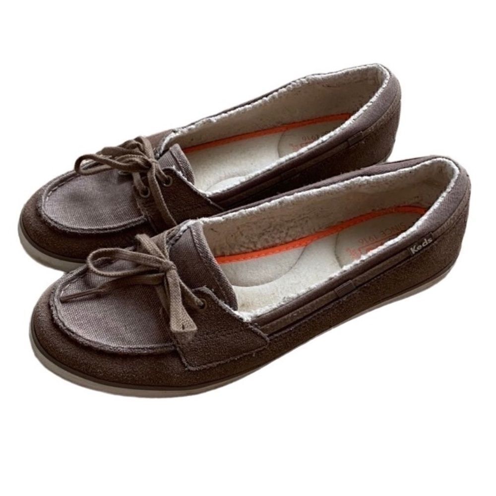 Keds Ortholite tan glimmer suede faux fur lined charter loafer boat tennis shoe